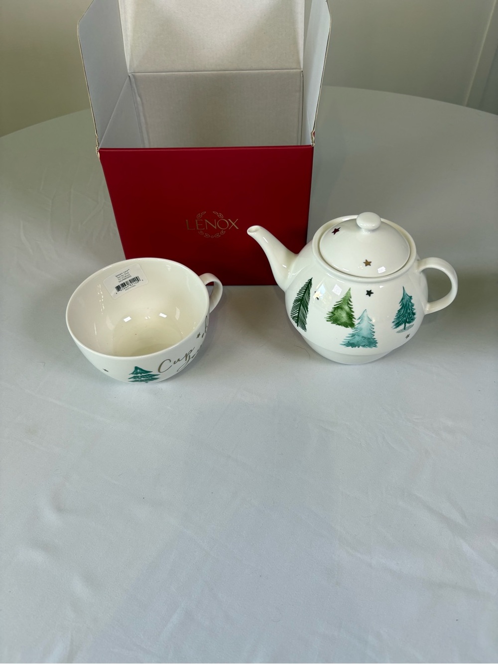 Lenox Balsam Lane Holiday Teapot - Red and White with Green Accents